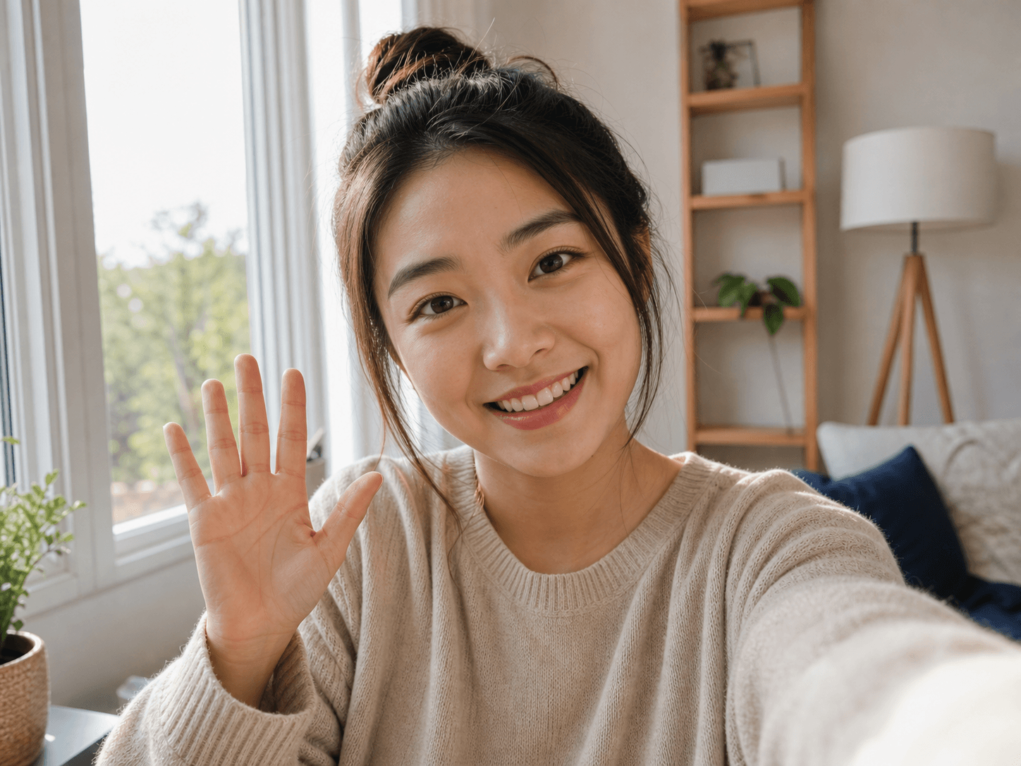 Front camera selfie view of a creator waving