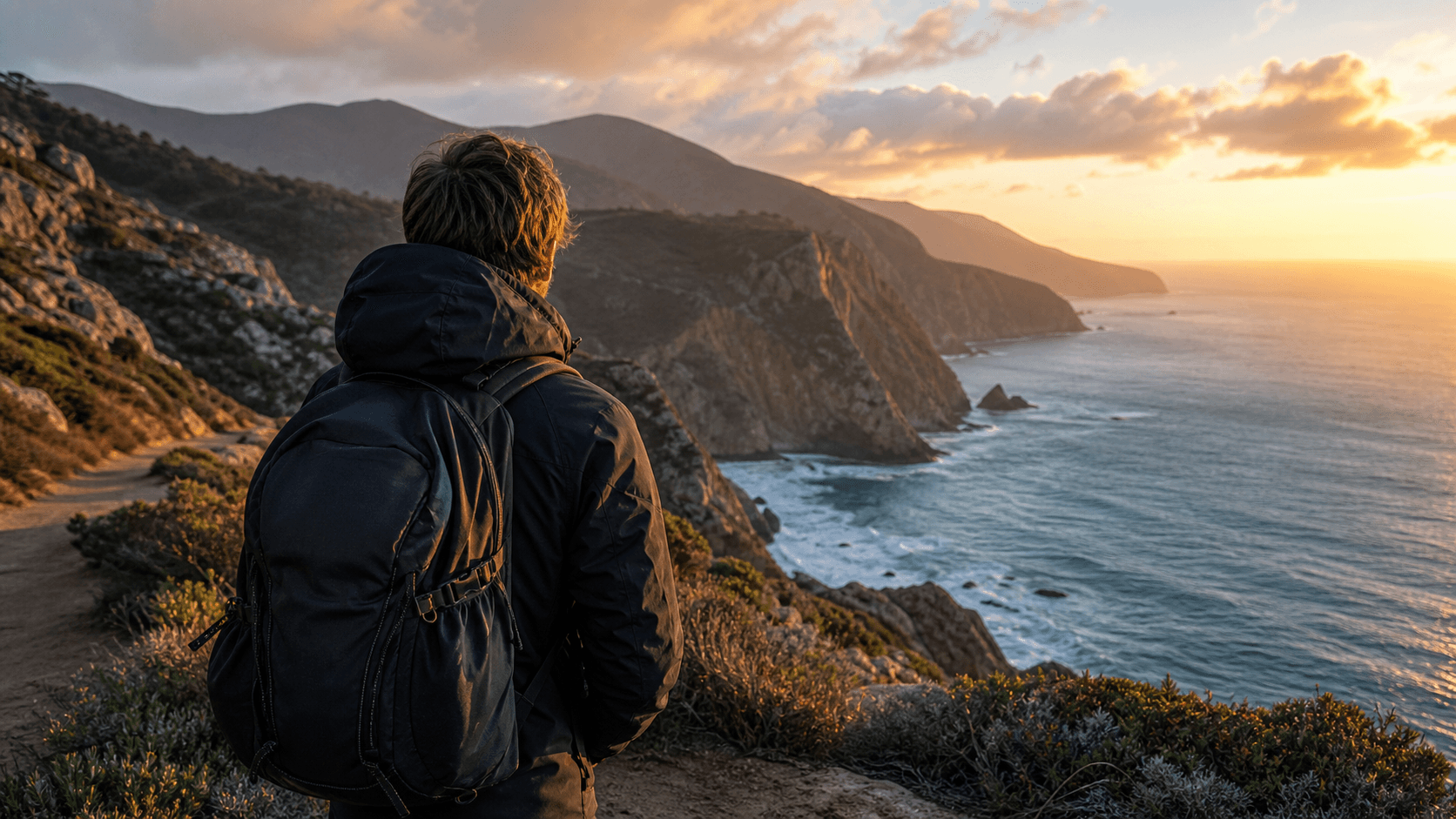Rear camera view of a traveler looking over ocean cliffs